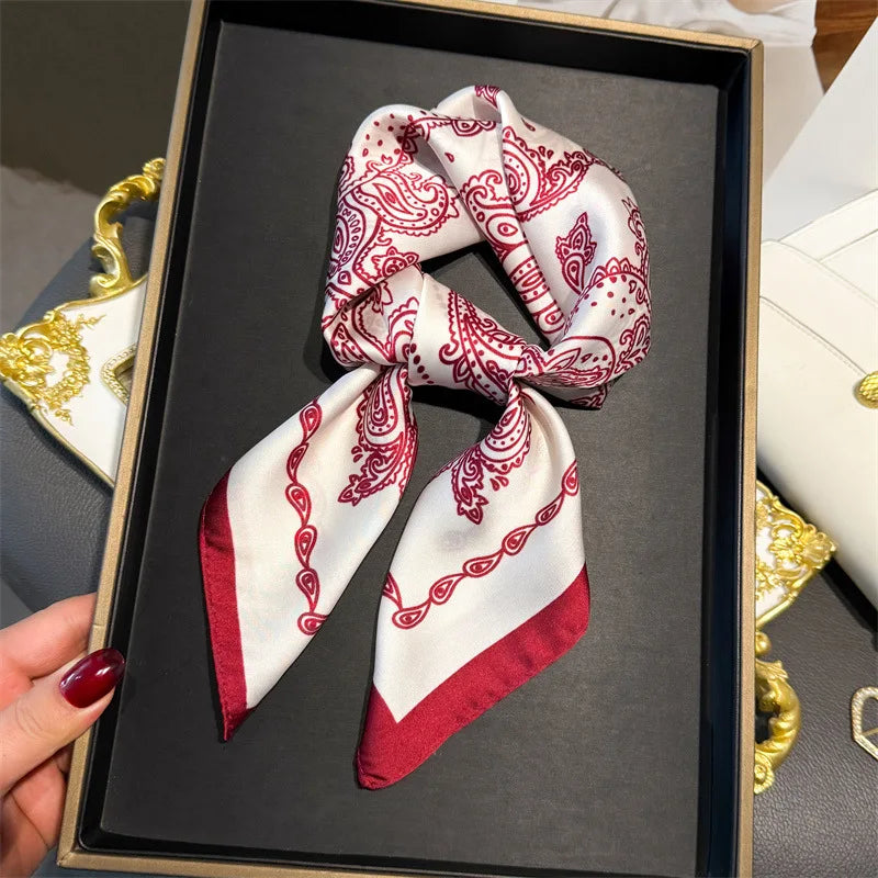 New Paisley Houndstooth Printed Square Scarf Coffee Color Thin Smooth Neck Scarf Vintage Style Sunscreen Headscarf For Women