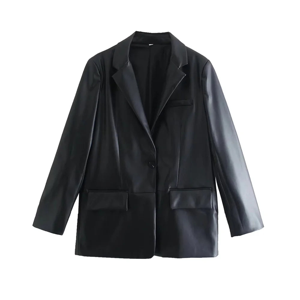 Women's Fashion Faux Leather Blazer – Loose Fit Old Money Style, Long Sleeve Front Button Chic Outerwear Top