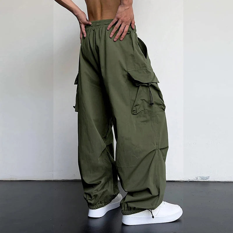 Men’s Streetwear Cargo Pants - Wide-Leg Loose Fit Trousers with Drawstring