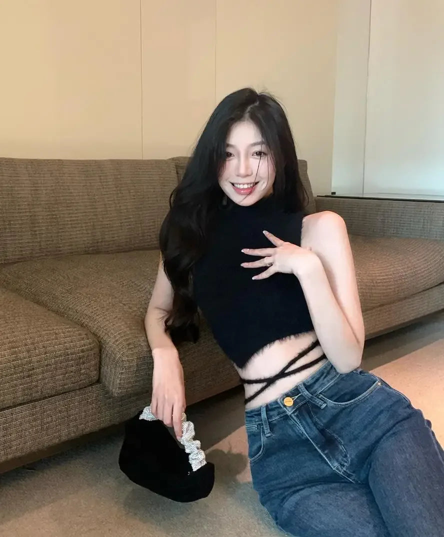 Women Knit Halter Crop Top Furry Lace Up Sleeveless