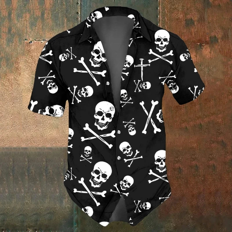 Men's Oversized Skull Shirt Short Sleeve Vintage Lapel Collar - Black & White