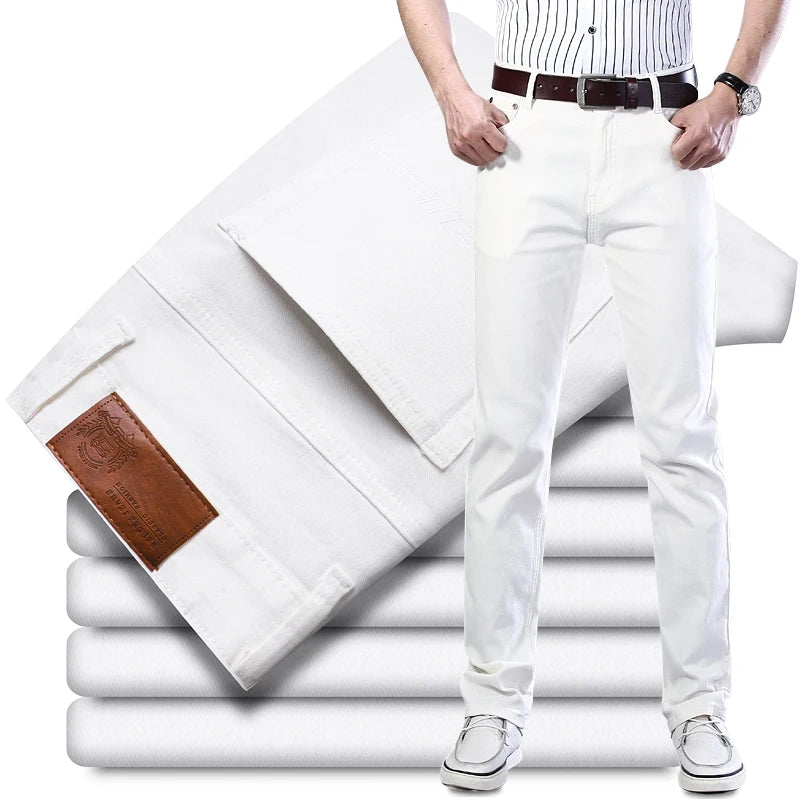 White Jeans Mens Fashion Straight Elastic Cotton Denim Pants Spring Autumn Business Casual Trousers