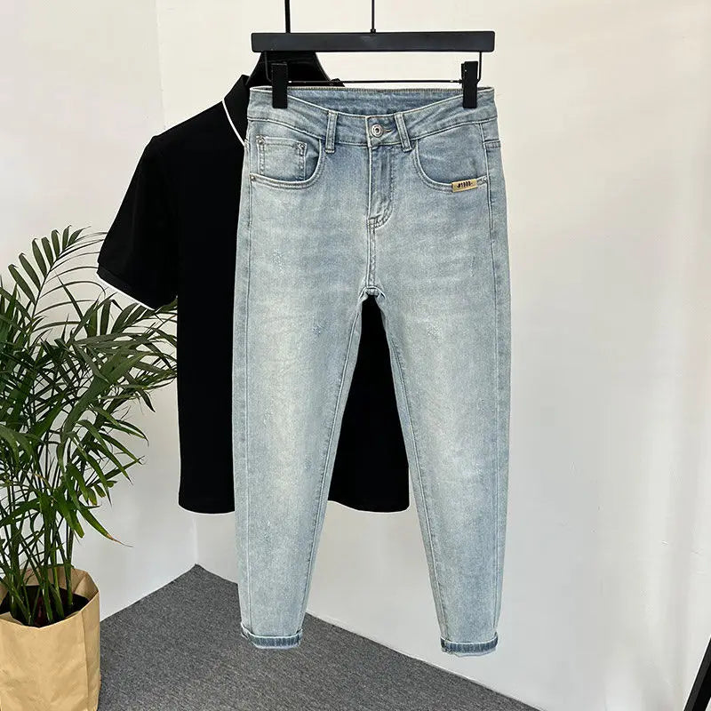 Jeans Men's Trendy Brand Light-colored Fashion Youth Casual Pants Cowboy Simple Ruffian Handsome Slim-fitting Skinny Jeans Men - trendingshoping.com