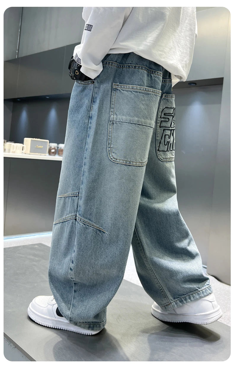 Kids Straight Wide Leg Workwear Jeans Casual Pants