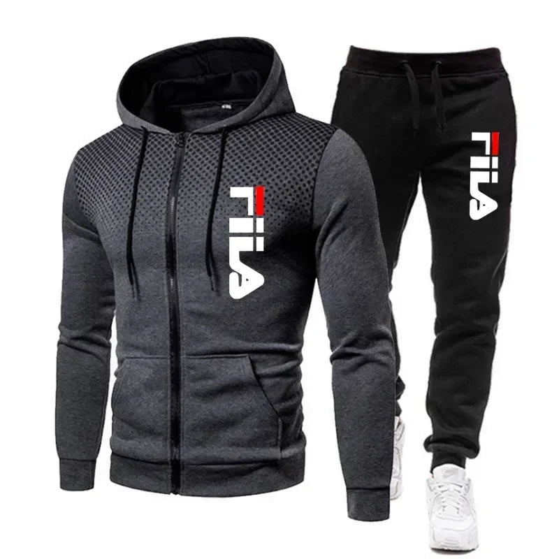 FILA Men's Autumn Winter Sports Hoodie & Jogging Pants Set – Casual Fitness Sweatshirt, Zipper Hoodie + 2 Stretch Pants