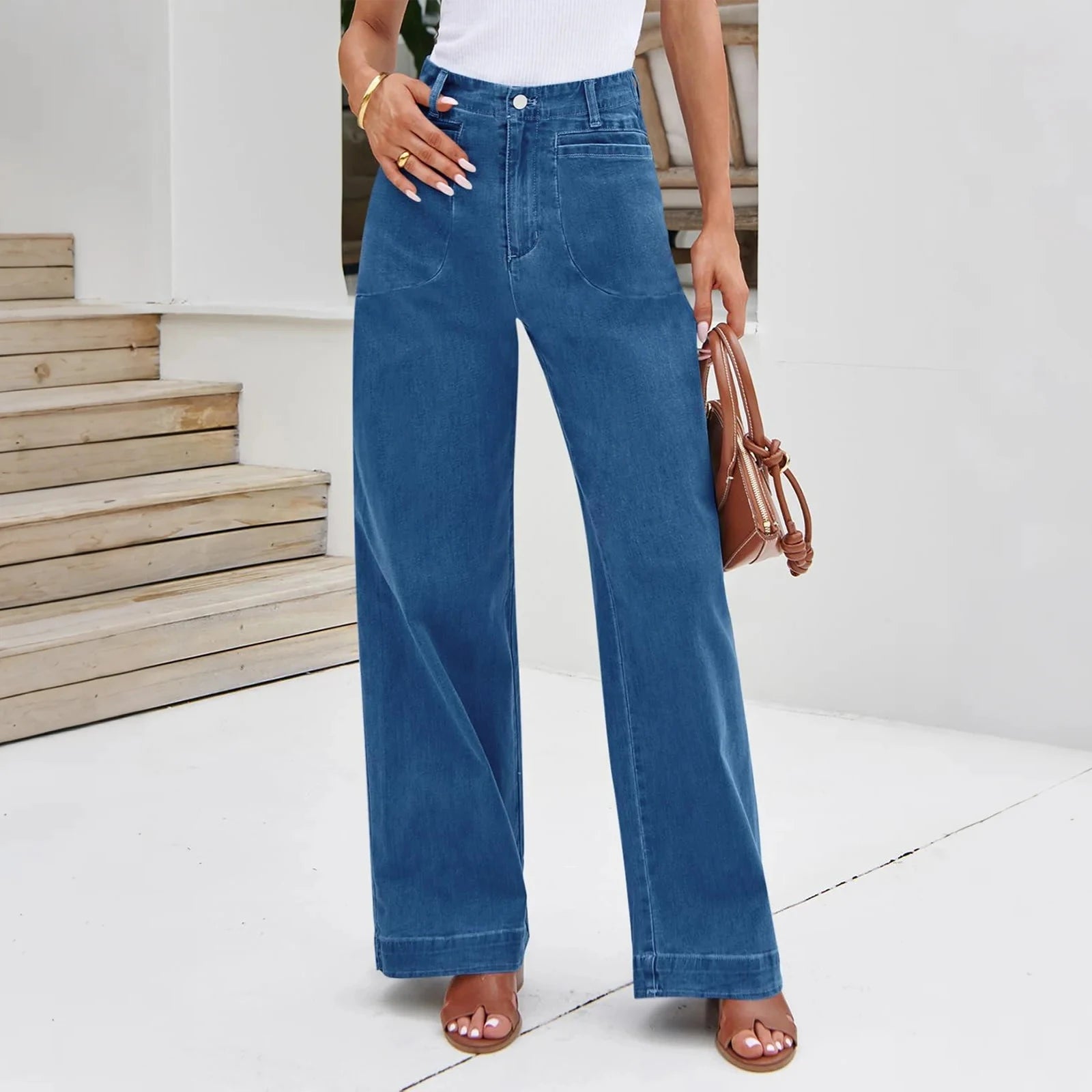 Womens High Waist Spring Wide Leg Straight Jeans Retro Style