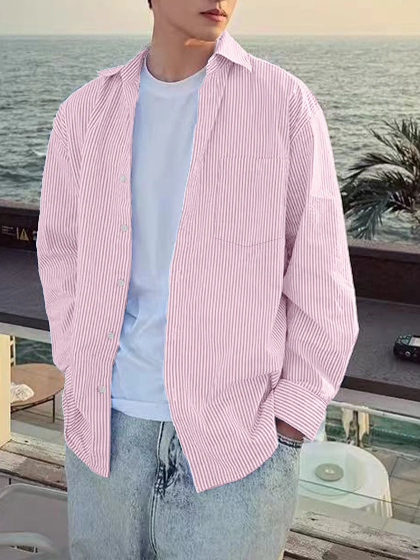 Men's Striped Shirt for Spring and Autumn, Trendy and Versatile, Niche Design, Vintage Long-Sleeve Striped Shirt