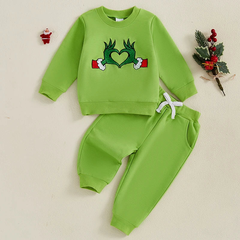 Baby Boy Girl Christmas Outfit Green Monster Long Sleeve Sweatshirt Solid Long Pants 2 Piece Set