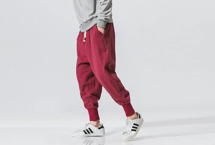 Men’s Cotton Linen Harem Pants - Baggy Drop-Crotch Streetwear Joggers