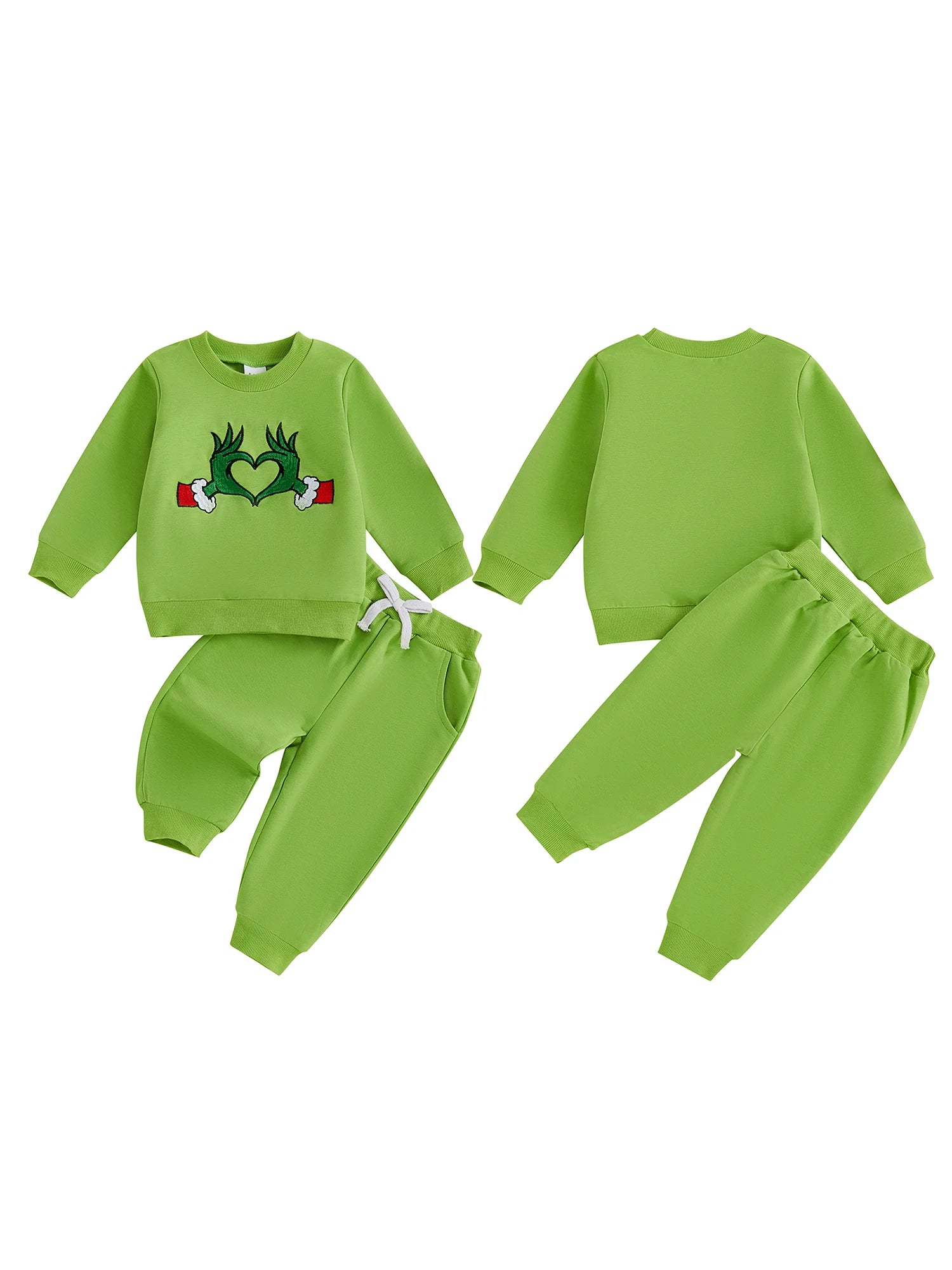 Baby Boy Girl Christmas Outfit Green Monster Long Sleeve Sweatshirt Solid Long Pants 2 Piece Set