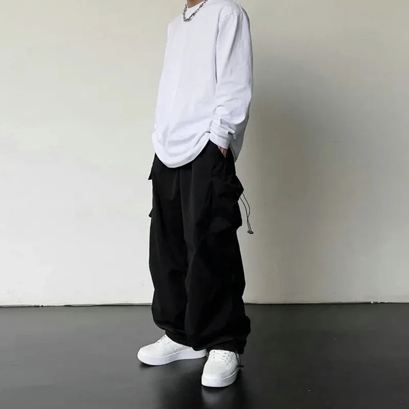 Men’s Streetwear Cargo Pants - Wide-Leg Loose Fit Trousers with Drawstring