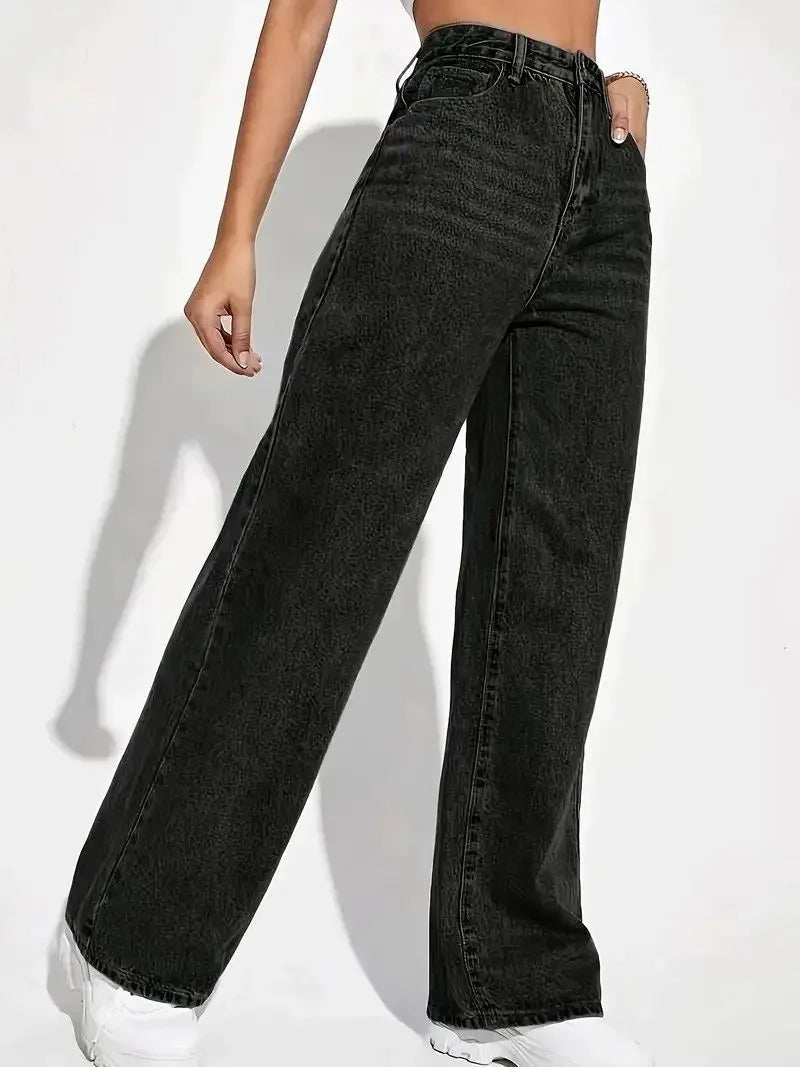 New ForeignWomen's High-Waisted Wide-Leg Jeans - Straight Loose Fit Denim with Elegant Drape Trade
