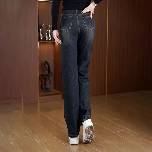 Women's Narrow Straight Leg Jeans  Fall Winter New Plush Lined Thick Korean Retro Relaxed Casual Trousers High Waist Flattering