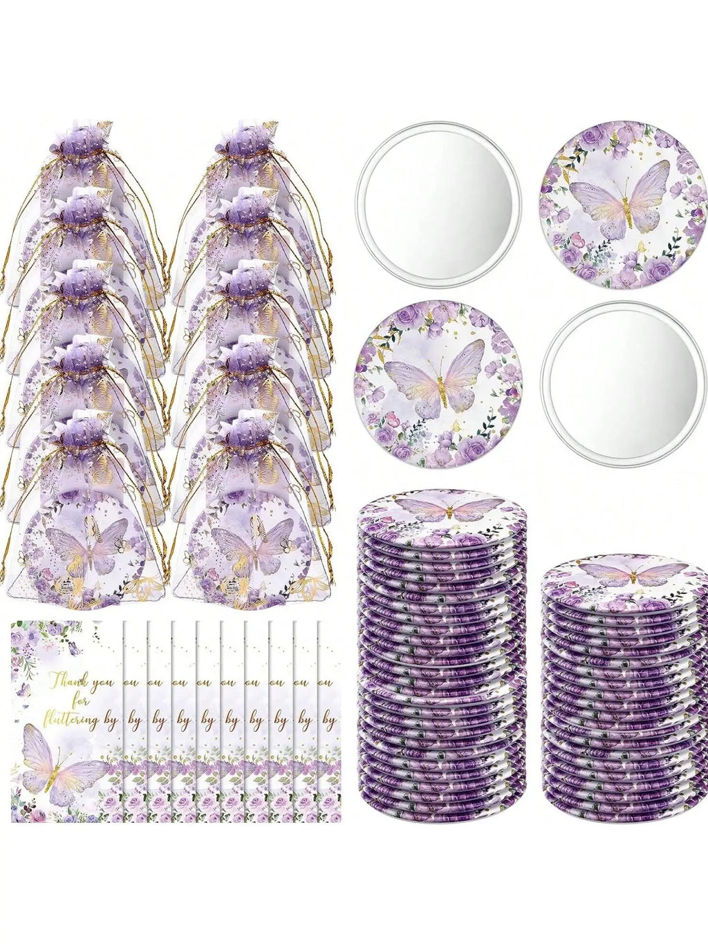 36pcs Butterfly-Themed Party Favor Set, Includes 12 Compact Mirrors, 12 Thank You Cards, 12 Organza Bags, No Electricity Needed,