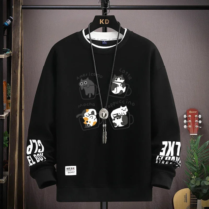 Men's Sweatshirt Streetwear Cat Coffee Printed Long Sleeve T-shirt Fashion Men's Clothing Casual Crew Neck Harajuku Top 2024 New