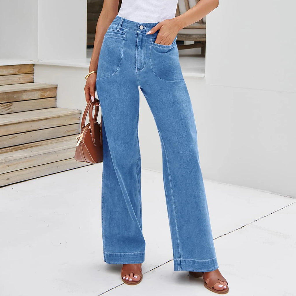 Womens High Waist Spring Wide Leg Straight Jeans Retro Style
