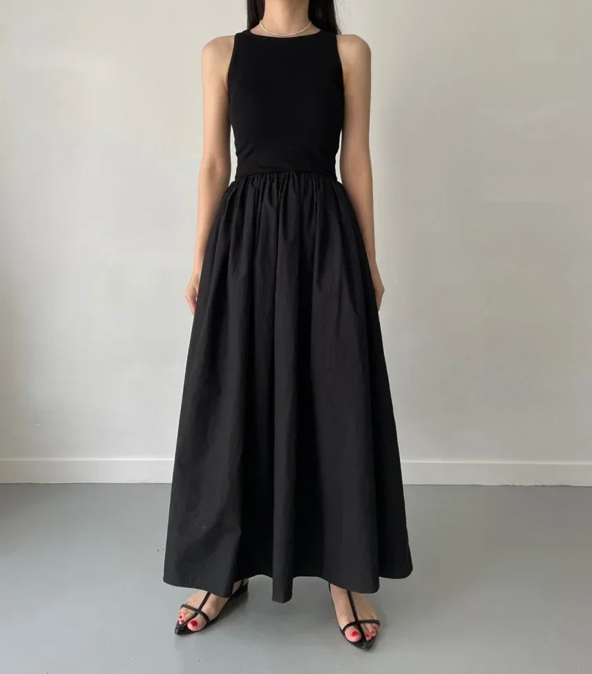 Women Black Long Dress Sleeveless Round Neck Elegant Style