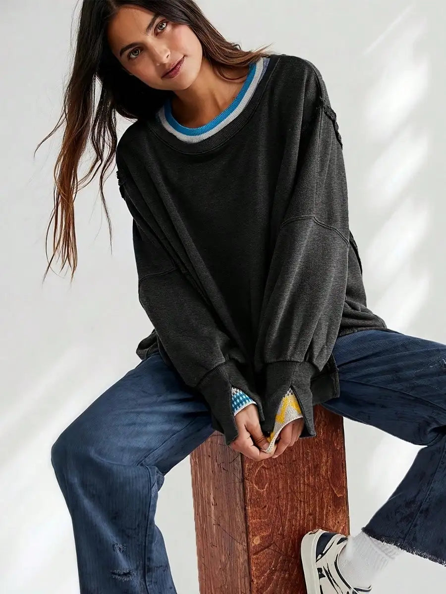 Women Spring Autumn Long Sleeve Loose Tops Crew Neck Striped Side Slits Shirt Casual Pullover Sweatshirt Tops