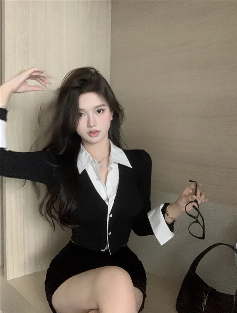 T-shirts Women Minimalist Sexy Aesthetic Delicate Panelled Patchwork All-match Female Clothing Fake Two Pieces Knitted Advanced