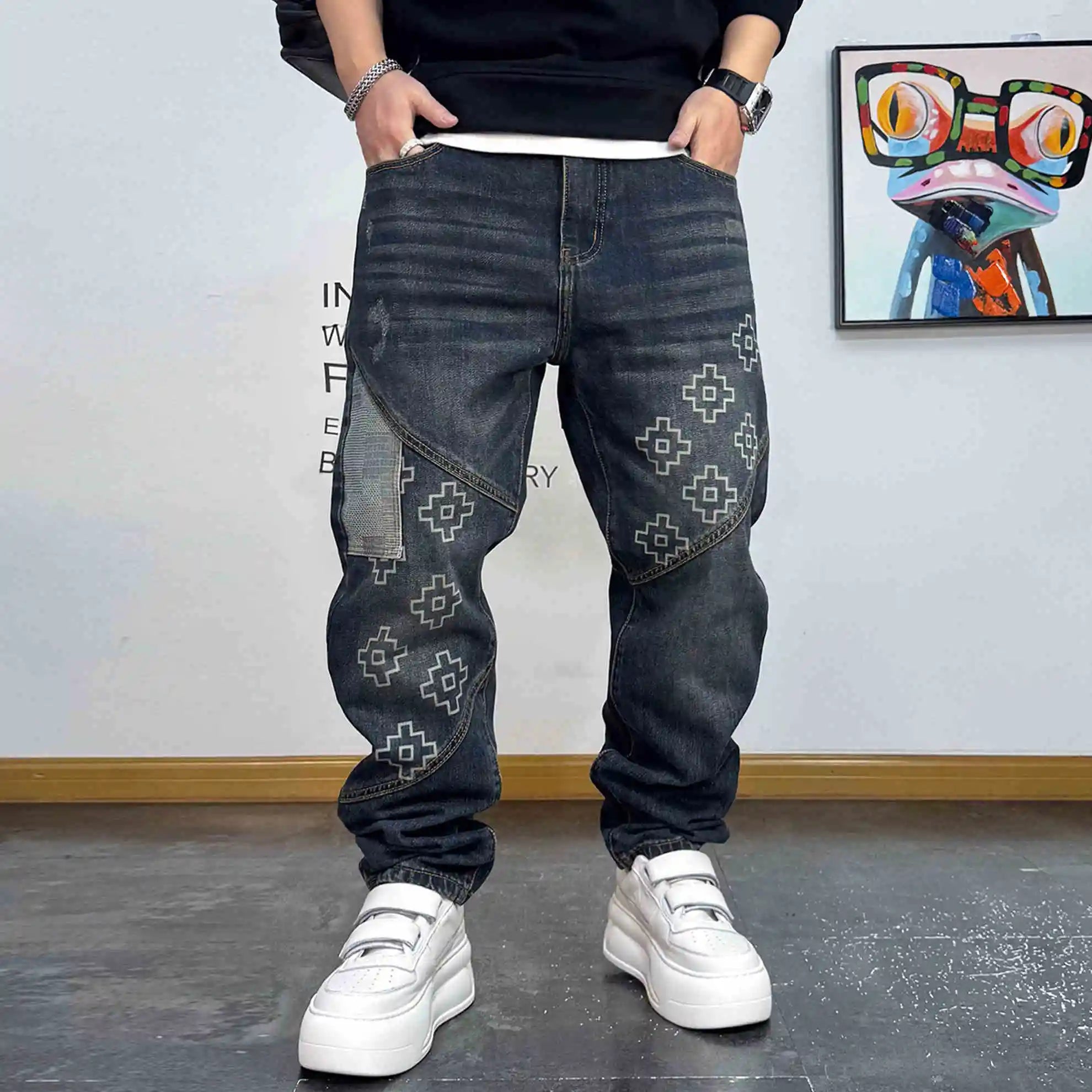 Men's Patchwork Printed Straight Leg Jeans - Vintage Distressed Streetwear Denim