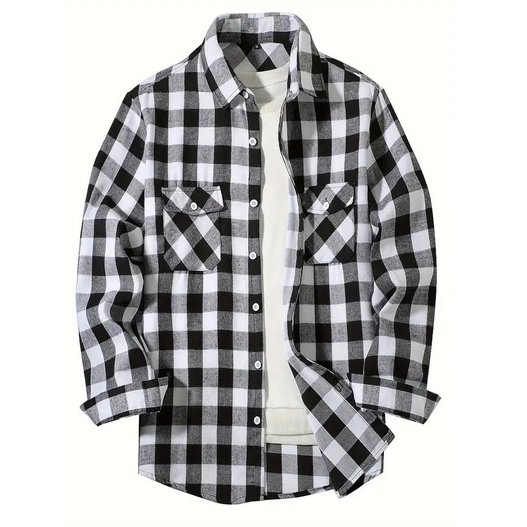 Men's Plaid Flannel Shirt – Long Sleeve Smart Casual Top with Two Chest Pockets, Spring & Autumn Style