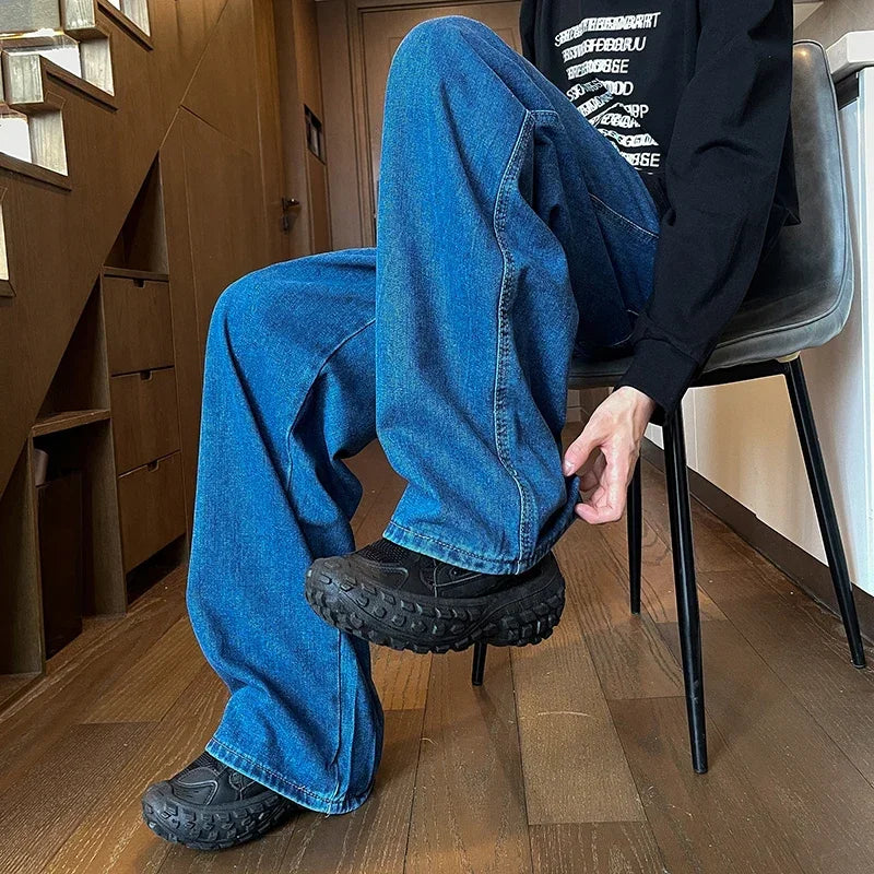 Mens Black Gray Loose Straight Wide Leg Jeans Casual Pantslue