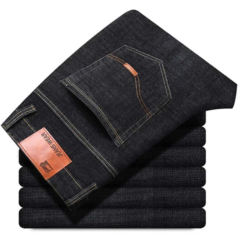 Men's Classic Straight Leg Stretch Jeans - Casual Work Denim Trousers in Blue & Black