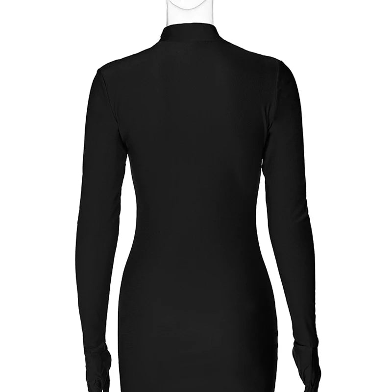 Women’s Solid Long Sleeve Bodycon Mini Dress with Gloves Half Turtleneck Party Y2K