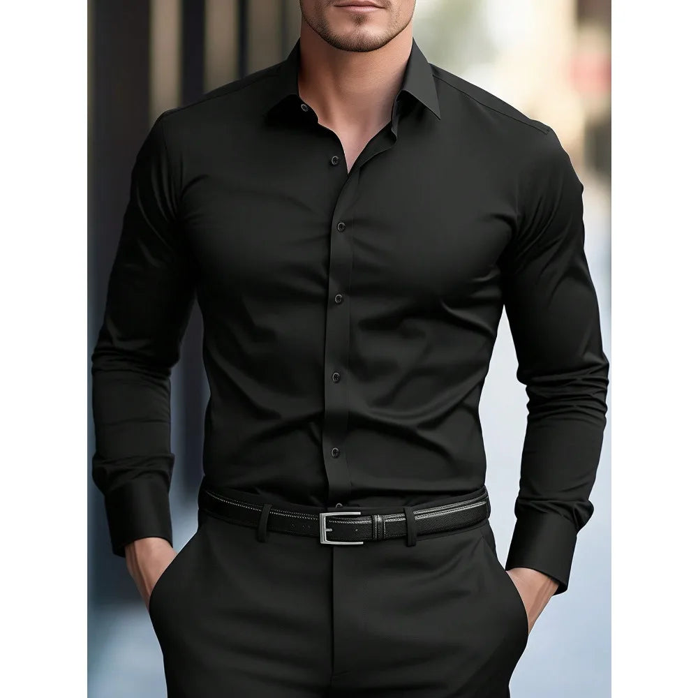 Men's Solid Color Long Sleeve Shirt – Smart Casual Elastic Business Shirt, 2025 Four-Season Wear