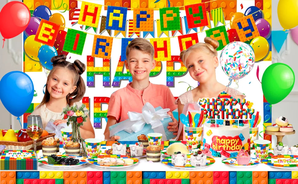 Building Blocks Birthday Party Supplies,114pcs Party Decorations&Building Blocks Tableware Set-Party Plates Napkins Backdrop etc - trendingshoping.com