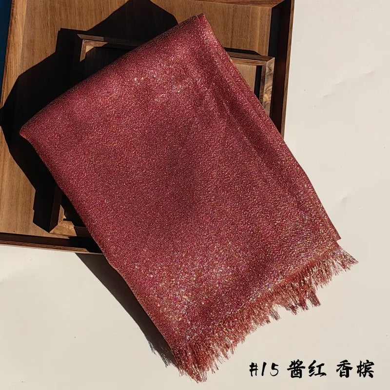 Lastest Brand Design Scarf Shiny Solid Color Shawls Rayon Fabric Gold Silk Silver Wire Head Shawl Fringe Hijab For Women