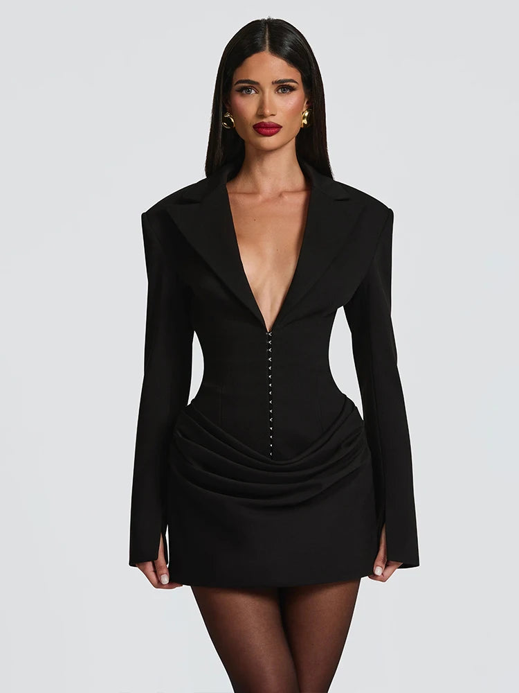 Nibber Women's Sexy V-Neck Mini Dress Long Sleeve Ruched Hidden Button Fashion