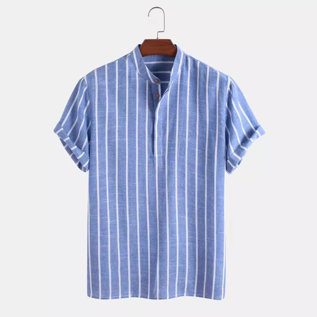 Men's Striped Linen Short Sleeve Shirt - Casual Stand-Up Collar Summer Top