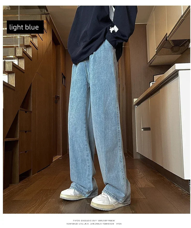 Mens Black Gray Loose Straight Wide Leg Jeans Casual Pantslue