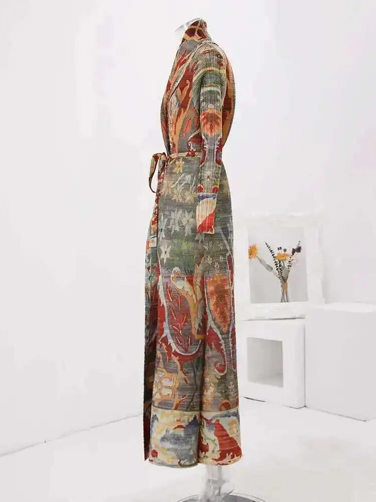 LANMREM Fashion Designer Print Pleated Windbreaker Women Scraf Collar Belt Gathered Waist Contrast Color 2024 New Coat 32C1261 - trendingshoping.com