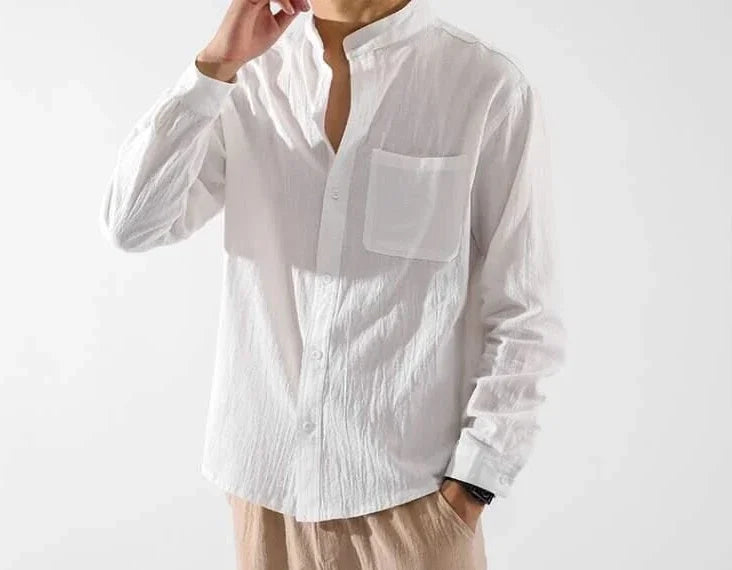 Men's White Linen Shirt with Pocket – Elegant Casual Fashion Shirt, 2025 New Arrival Social Tops