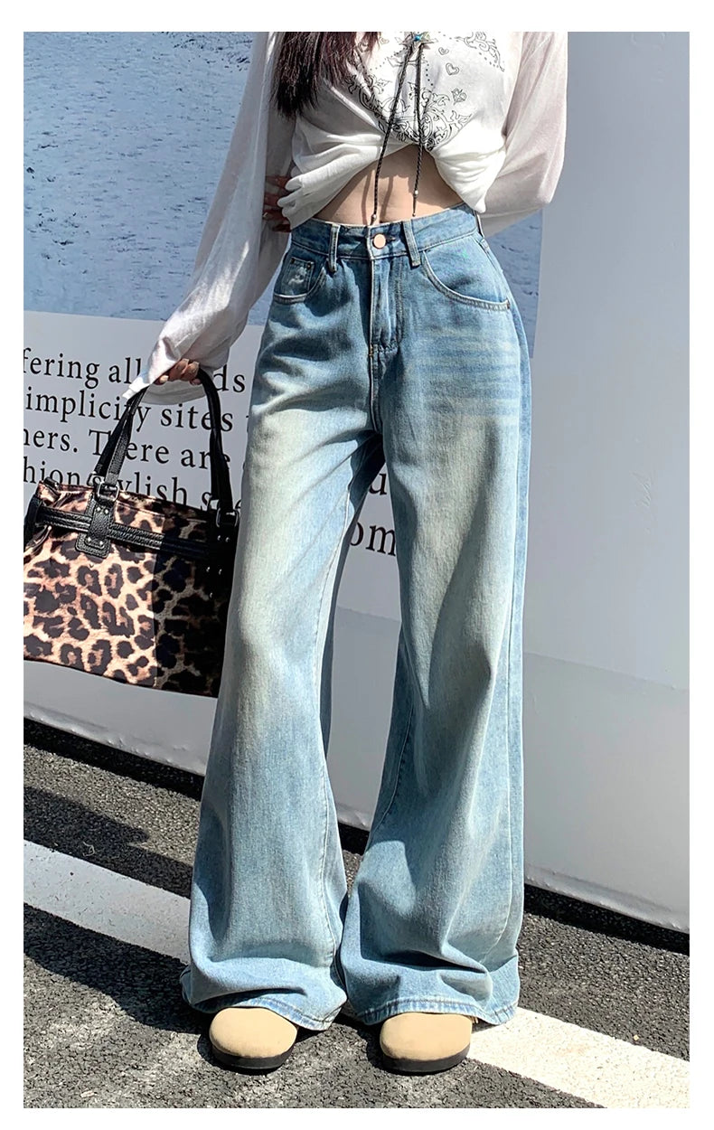 Womens Jeans Denim Pants 2025 Euramerican High Waist Girl Style Colorful Straight Leg Wide Leg Trousers