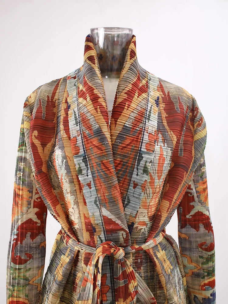 LANMREM Fashion Designer Print Pleated Windbreaker Women Scraf Collar Belt Gathered Waist Contrast Color 2024 New Coat 32C1261 - trendingshoping.com