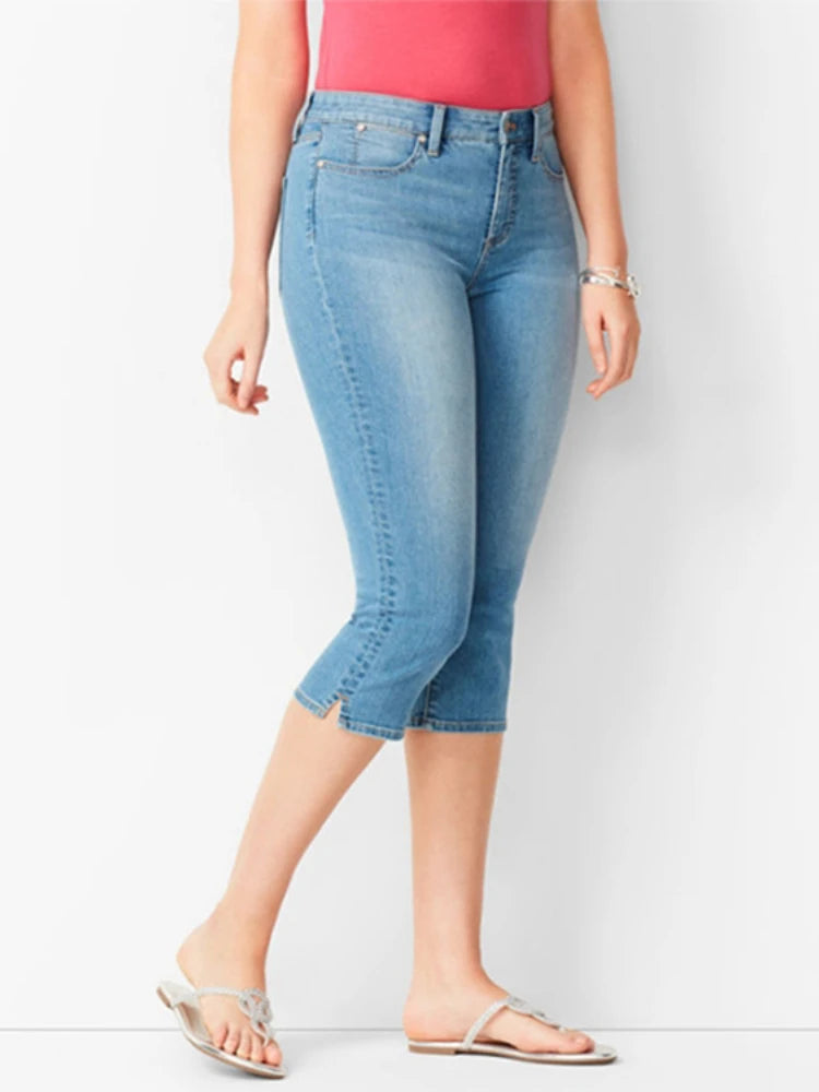 Womens Jeans Black Denim Pants Ladies Cropped Skinny Knee Length Elastic High Waist Mom Oversize