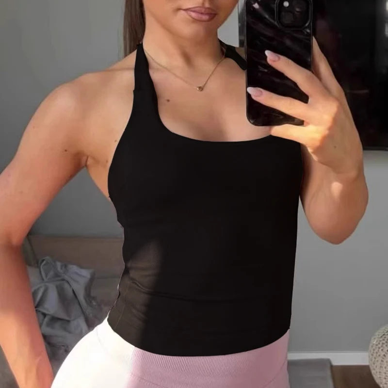 Women’s Gym Top Strappy Workout Tank Padded Sports Bra Backless Yoga Seamless Crop Top