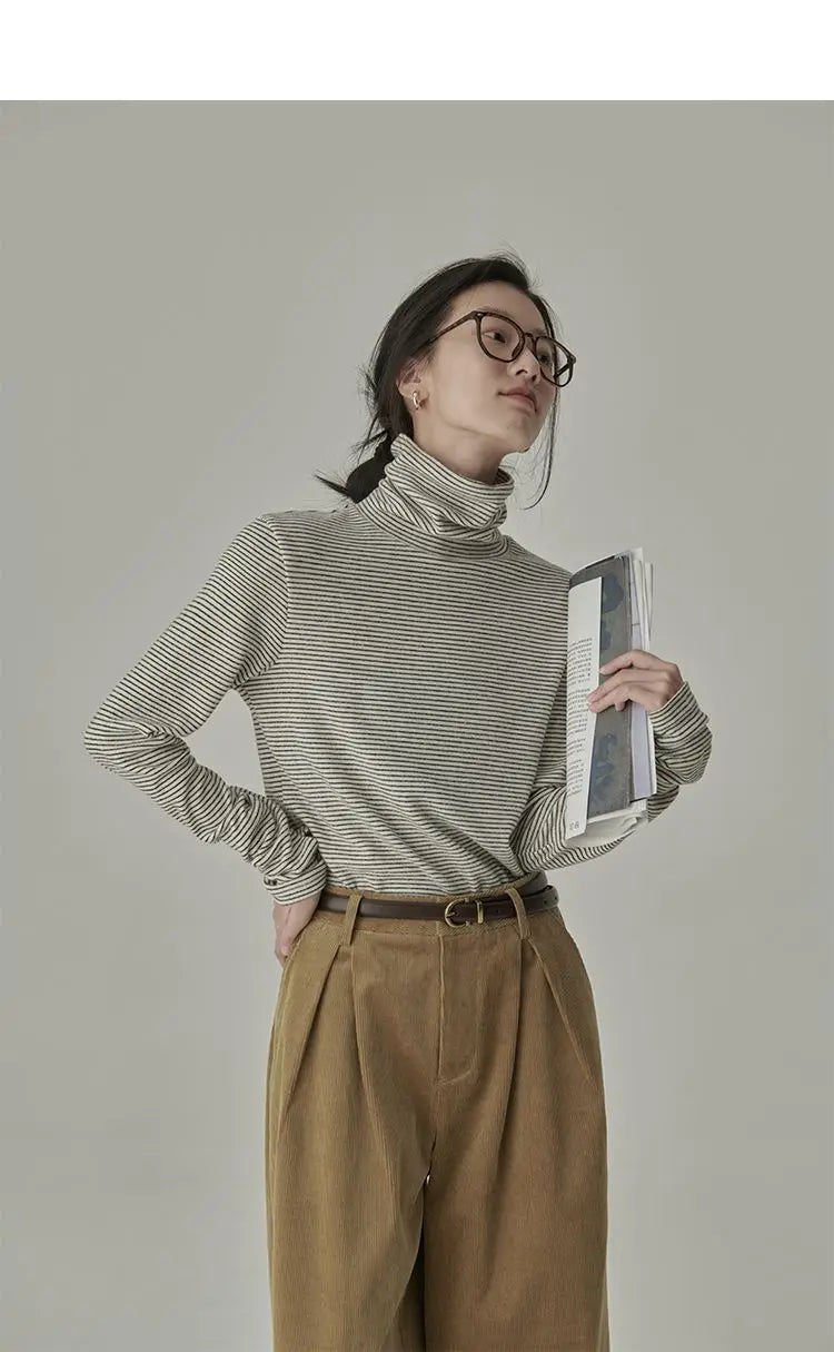 Striped T-shirts Women Spring Cozy Long Sleeved All-match Daily Elegant Classic Turtleneck Tops Hot Sales Korean Style Clothing