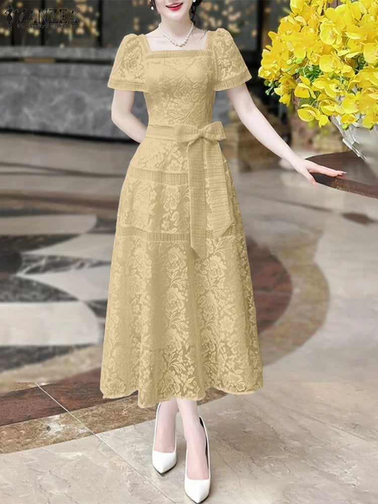 ZANZEA Women's Elegant Lace Midi Dress - Square Collar Short Sleeve Party Sundress