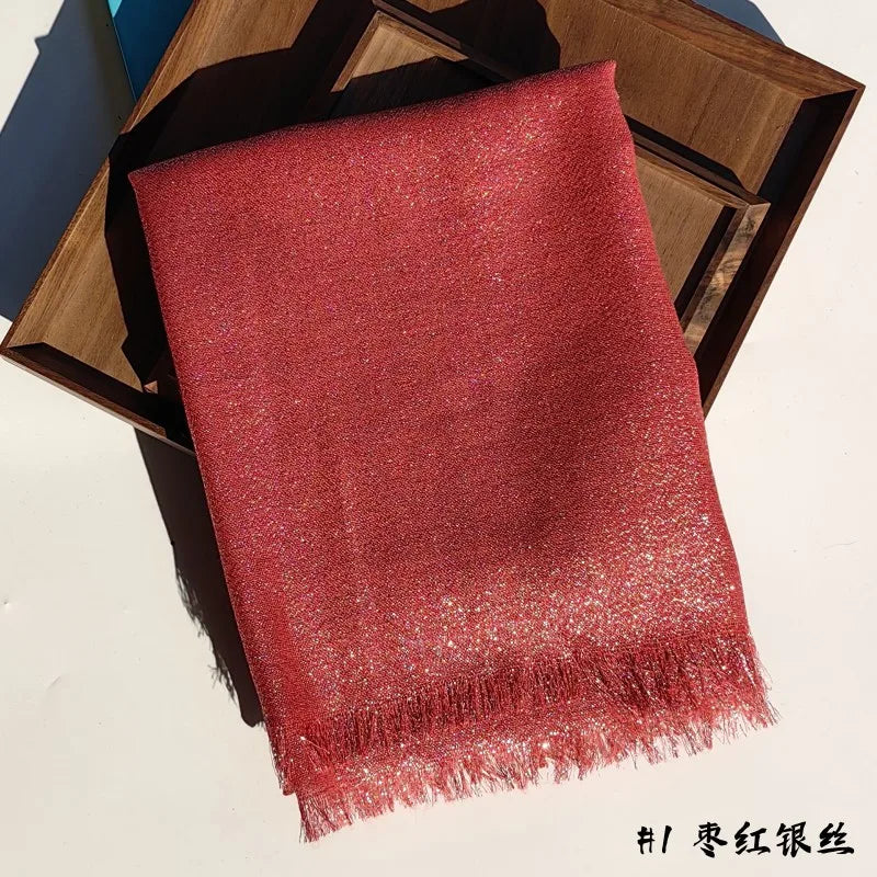 Lastest Brand Design Scarf Shiny Solid Color Shawls Rayon Fabric Gold Silk Silver Wire Head Shawl Fringe Hijab For Women