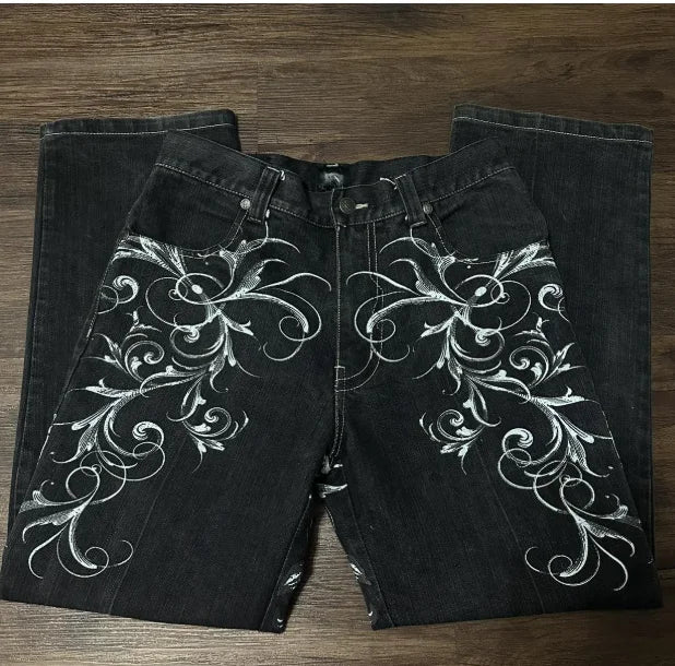 Mens Embroidered Hip Hop Wide Leg Y2K Mid Waist Gothic Retro Fashion Trousers