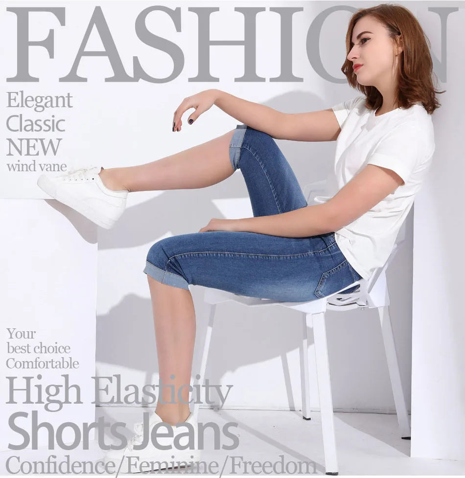 Womens Jeans Black Denim Pants Ladies Cropped Skinny Knee Length Elastic High Waist Mom Oversize