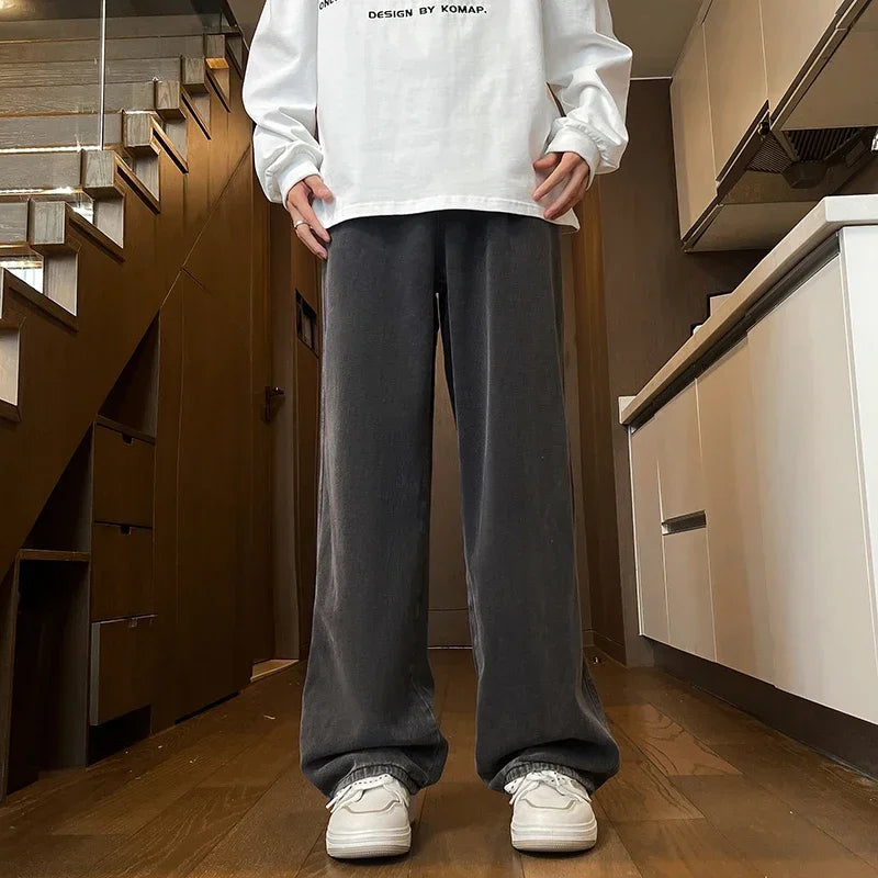 Mens Black Gray Loose Straight Wide Leg Jeans Casual Pantslue