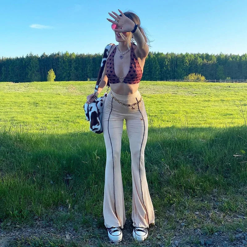 BKLD 2025 Summer New Women Clothing Trousers Fashion Striped High Waist Flare Pants Elastic Y2K Streetwear Bodycon Pants