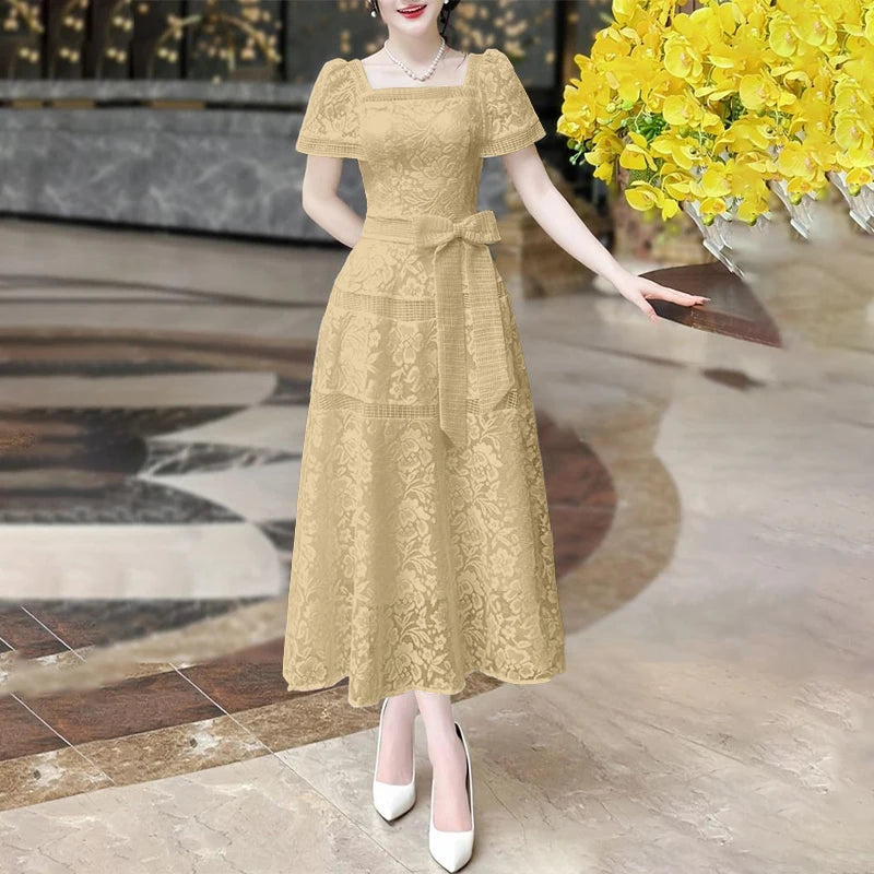 ZANZEA Women's Elegant Lace Midi Dress - Square Collar Short Sleeve Party Sundress