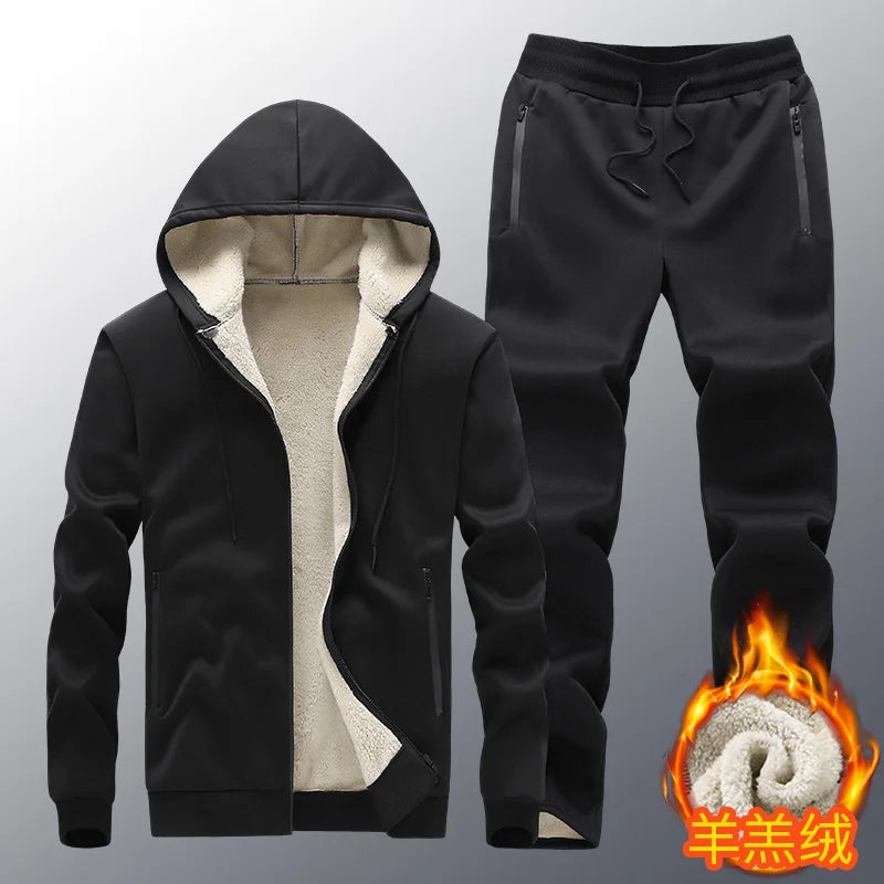 Mens Winter Tech Fleece Tracksuit Set Warm Hooded Sweatshirt and Pants Two Piece