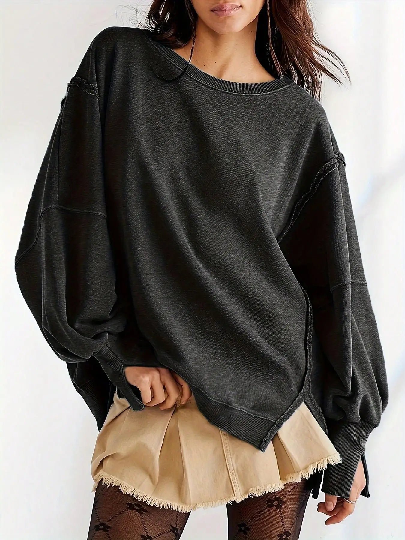 Women Spring Autumn Long Sleeve Loose Tops Crew Neck Striped Side Slits Shirt Casual Pullover Sweatshirt Tops